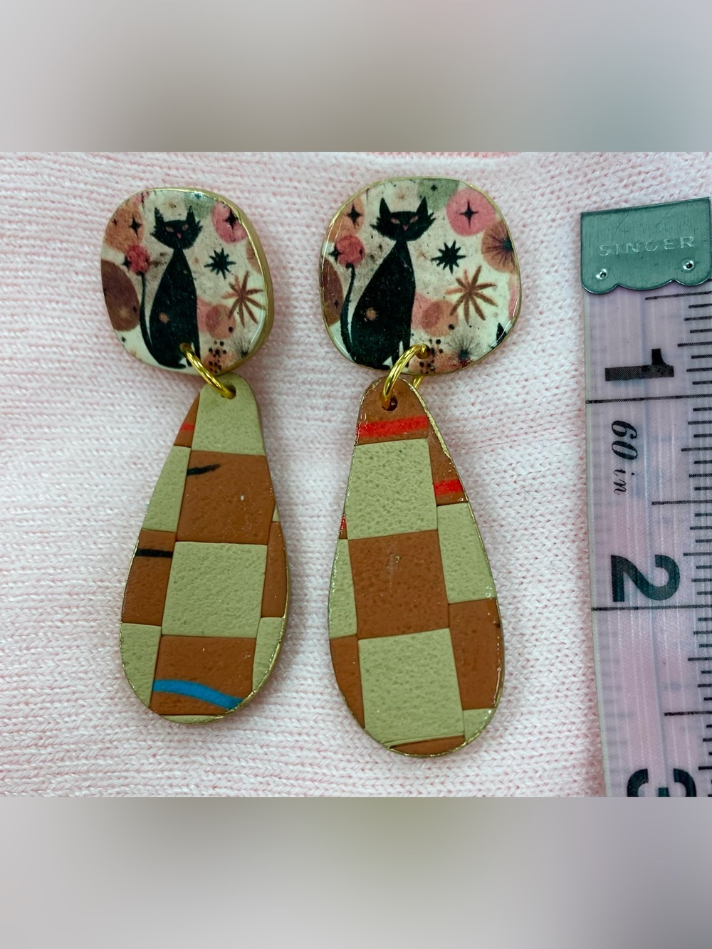 Handcrafted Whimsical Black Cat Teardrop Earrings in Pink, Tan and Brown